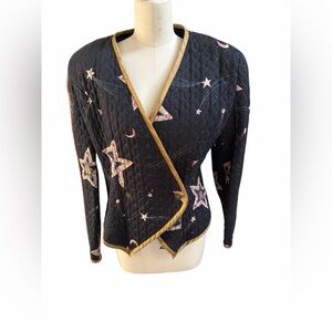 Jeanne Marc Vintage Black Quilted Jacket with Star and Moon Pattern medium